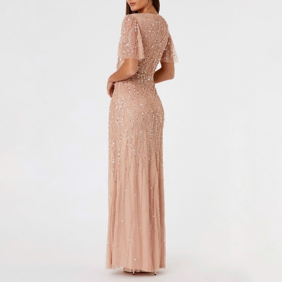 NWT Mac Duggal 35109 Nude Pink Size 12 Embellished Flutter Sleeve Gown Dress - Picture 2 of 9